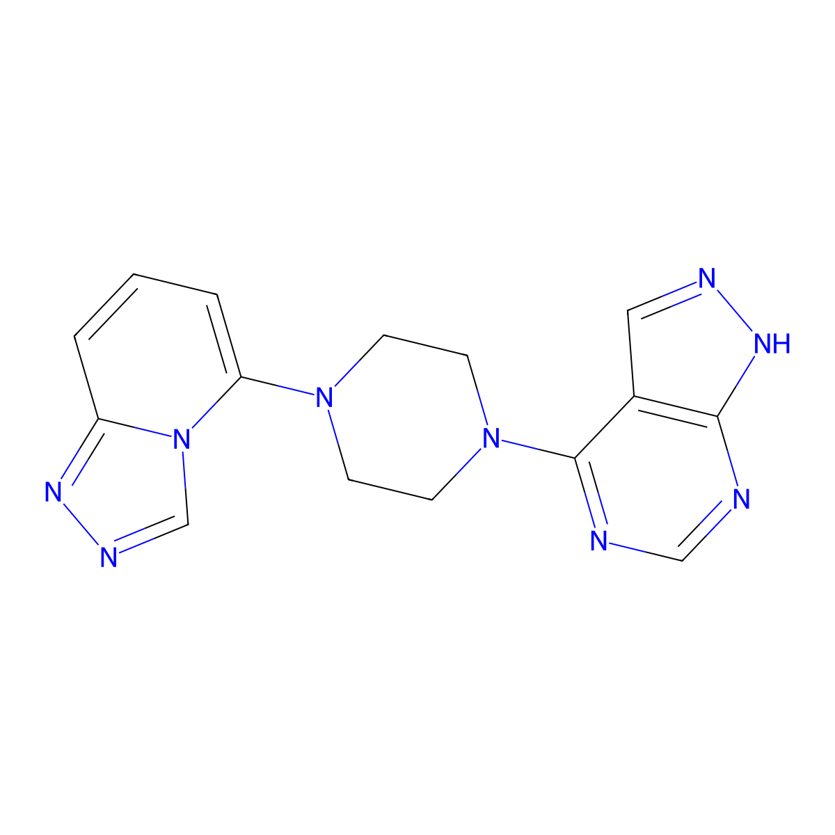 1-{1H-pyrazolo[3,4-d]pyrimidin-4-yl}-4-{[1,2,4]triazolo[4,3-a]pyridin-5-yl}piperazine molecular structure, CAS 3054613-25-8