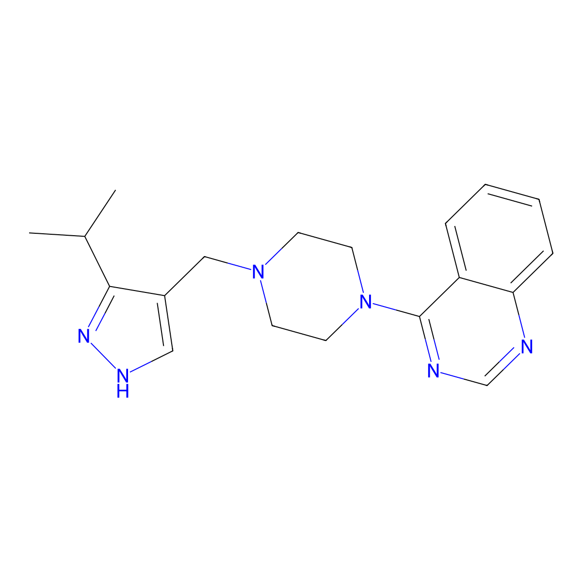 4-(4-{[3-(propan-2-yl)-1H-pyrazol-4-yl]methyl}piperazin-1-yl)quinazoline molecular structure, CAS 3054613-26-9