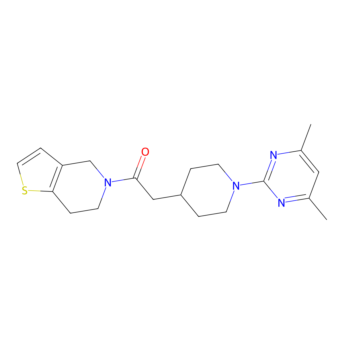 2-[1-(4,6-dimethylpyrimidin-2-yl)piperidin-4-yl]-1-{4H,5H,6H,7H-thieno[3,2-c]pyridin-5-yl}ethan-1-one molecular structure, CAS 3054613-32-7
