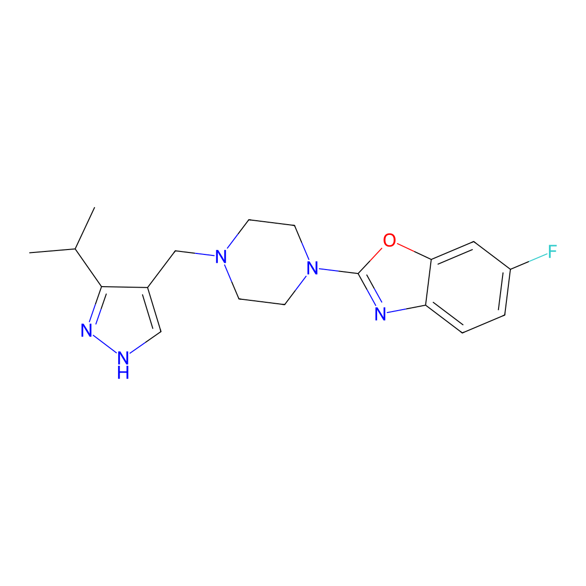 6-fluoro-2-(4-{[3-(propan-2-yl)-1H-pyrazol-4-yl]methyl}piperazin-1-yl)-1,3-benzoxazole molecular structure, CAS 3054613-40-7