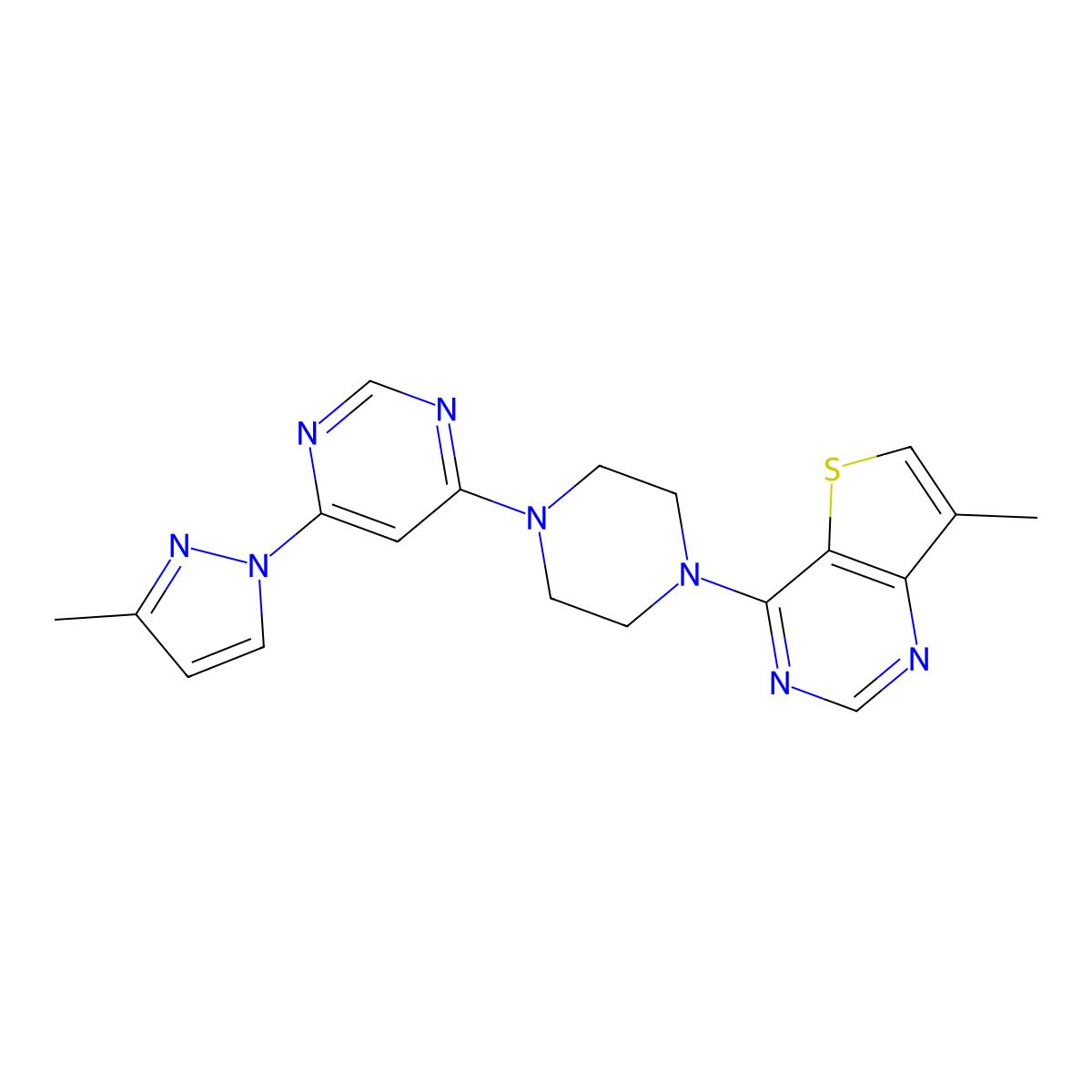 4-(3-methyl-1H-pyrazol-1-yl)-6-(4-{7-methylthieno[3,2-d]pyrimidin-4-yl}piperazin-1-yl)pyrimidine molecular structure, CAS 3054613-42-9