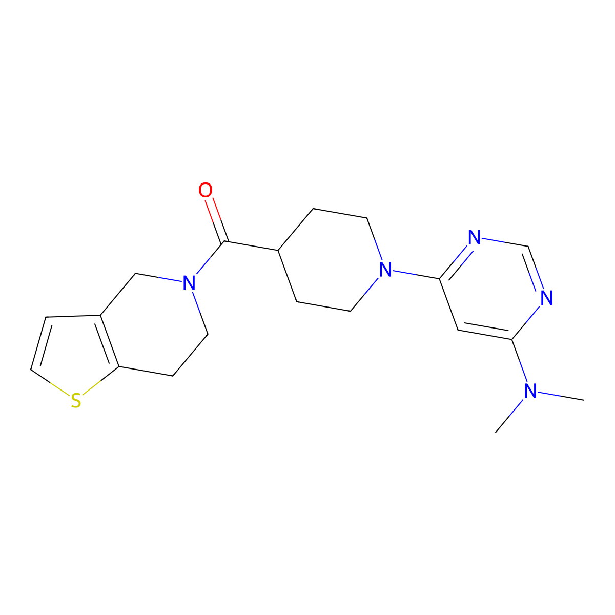 N,N-dimethyl-6-(4-{4H,5H,6H,7H-thieno[3,2-c]pyridine-5-carbonyl}piperidin-1-yl)pyrimidin-4-amine molecular structure, CAS 3054613-46-3