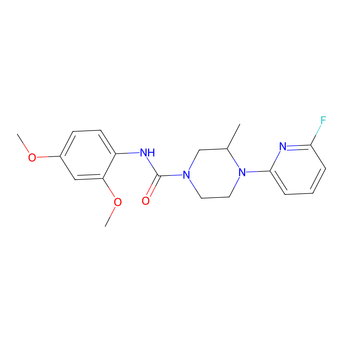 N-(2,4-dimethoxyphenyl)-4-(6-fluoropyridin-2-yl)-3-methylpiperazine-1-carboxamide molecular structure, CAS 3054613-50-9