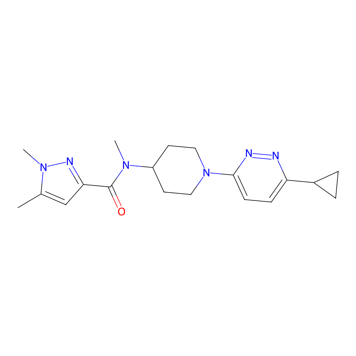 N-[1-(6-cyclopropylpyridazin-3-yl)piperidin-4-yl]-N,1,5-trimethyl-1H-pyrazole-3-carboxamide molecular structure, CAS 3054613-57-6