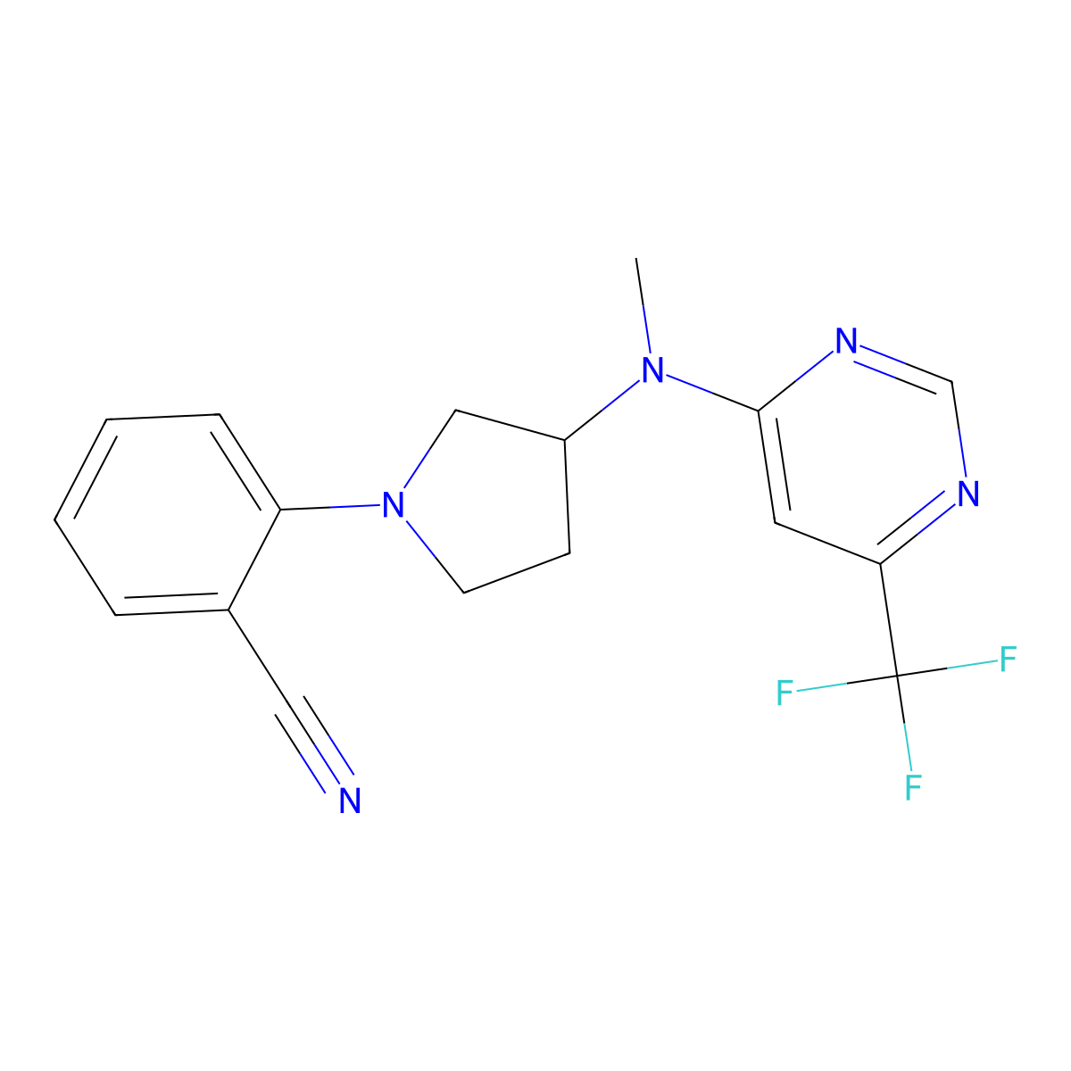 2-(3-{Methyl[6-(trifluoromethyl)pyrimidin-4-yl]amino}pyrrolidin-1-yl)benzonitrile molecular structure, CAS 3054613-58-7