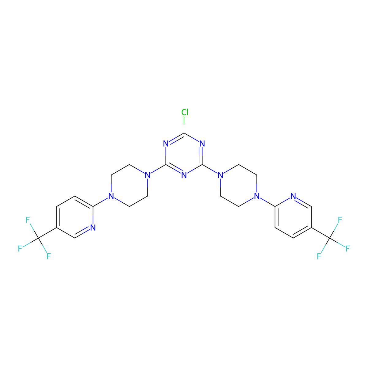 2-Chloro-4,6-bis({4-[5-(trifluoromethyl)pyridin-2-yl]piperazin-1-yl})-1,3,5-triazine molecular structure, CAS 3054613-60-1