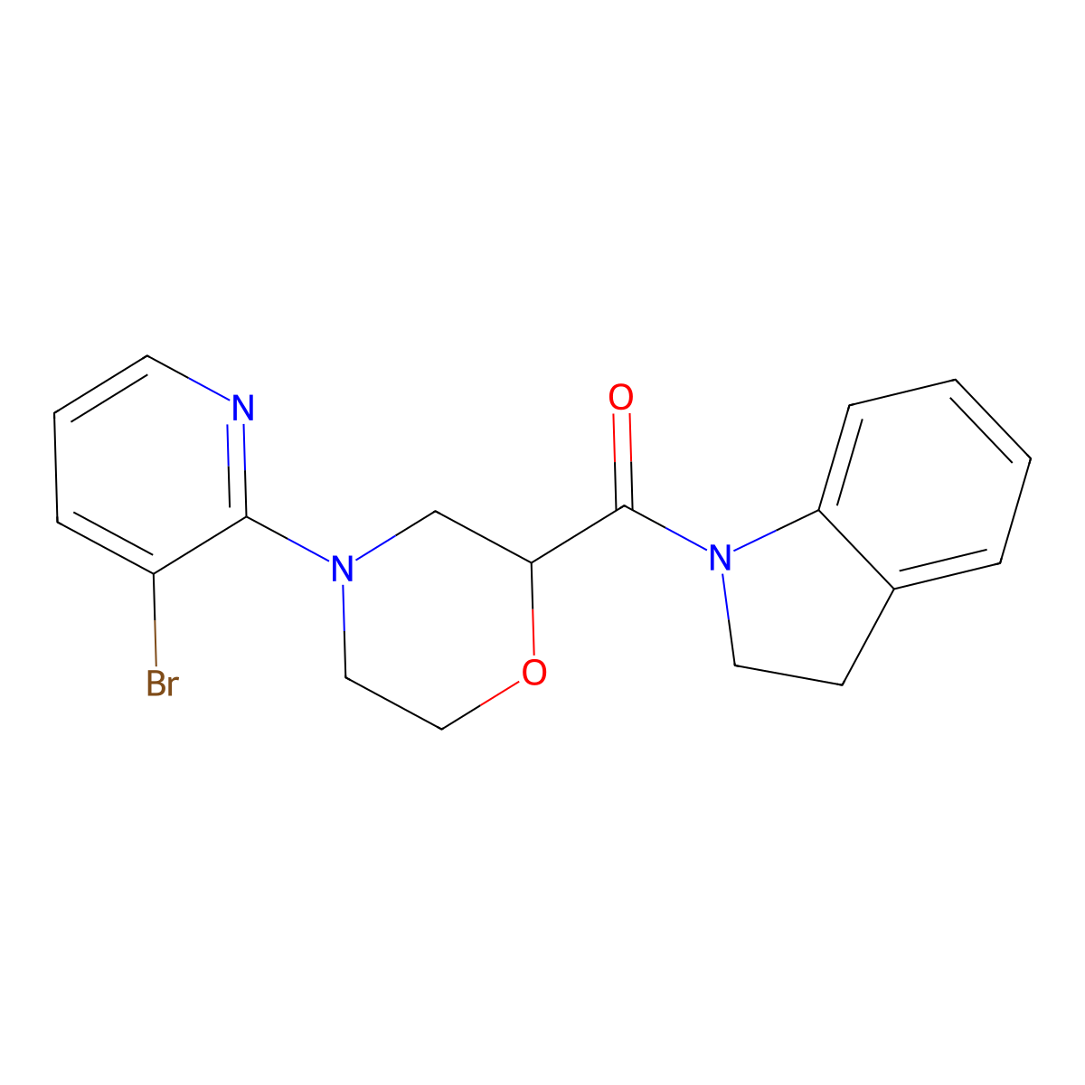 1-[4-(3-bromopyridin-2-yl)morpholine-2-carbonyl]-2,3-dihydro-1H-indole molecular structure, CAS 3054613-65-6