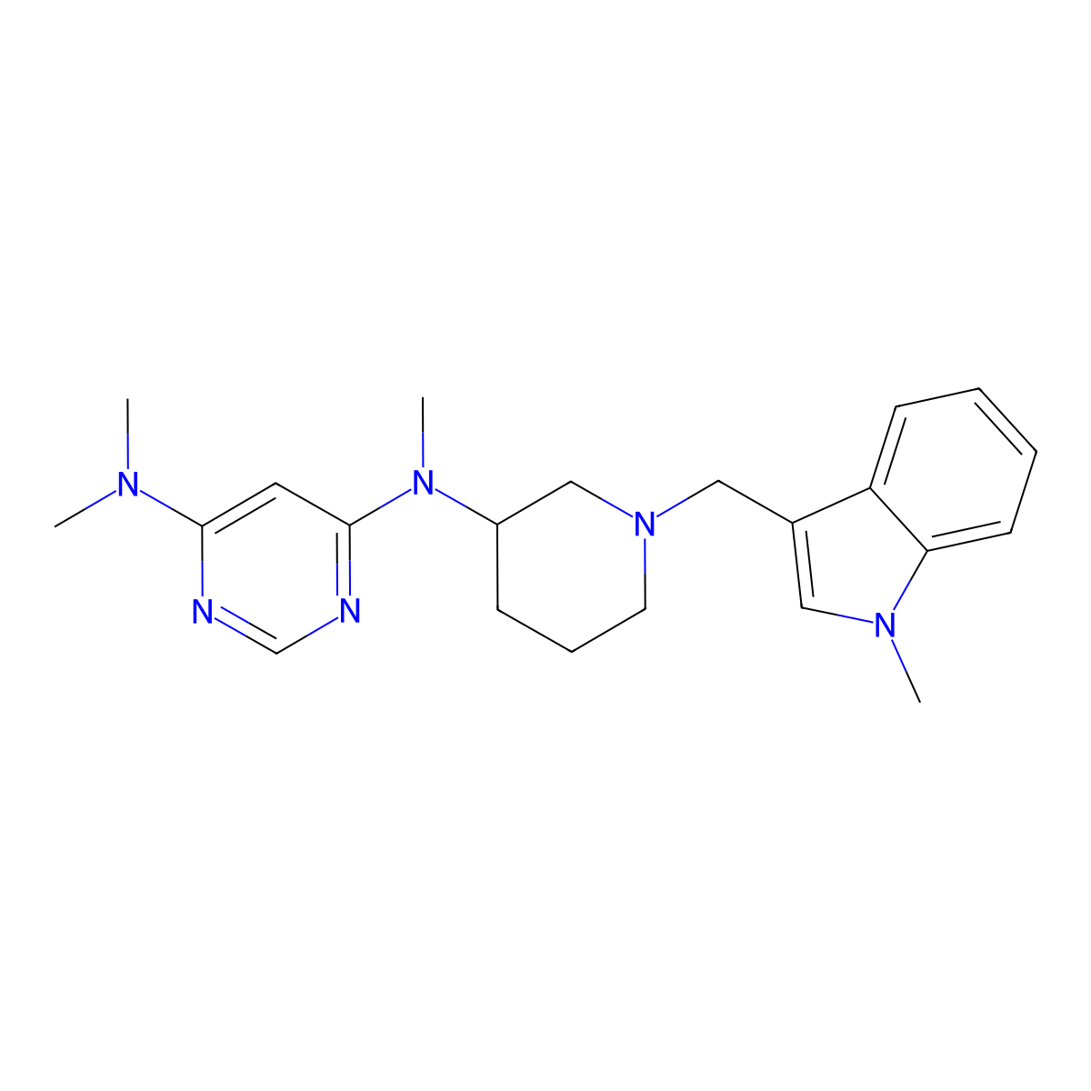 N4,N4,N6-trimethyl-N6-{1-[(1-methyl-1H-indol-3-yl)methyl]piperidin-3-yl}pyrimidine-4,6-diamine molecular structure, CAS 3054613-66-7
