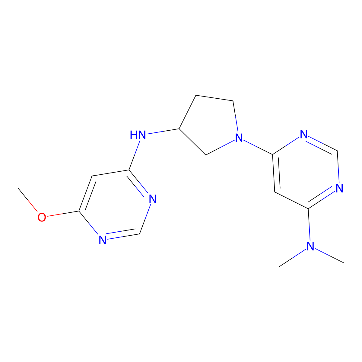 6-{3-[(6-methoxypyrimidin-4-yl)amino]pyrrolidin-1-yl}-N,N-dimethylpyrimidin-4-amine molecular structure, CAS 3054613-72-5