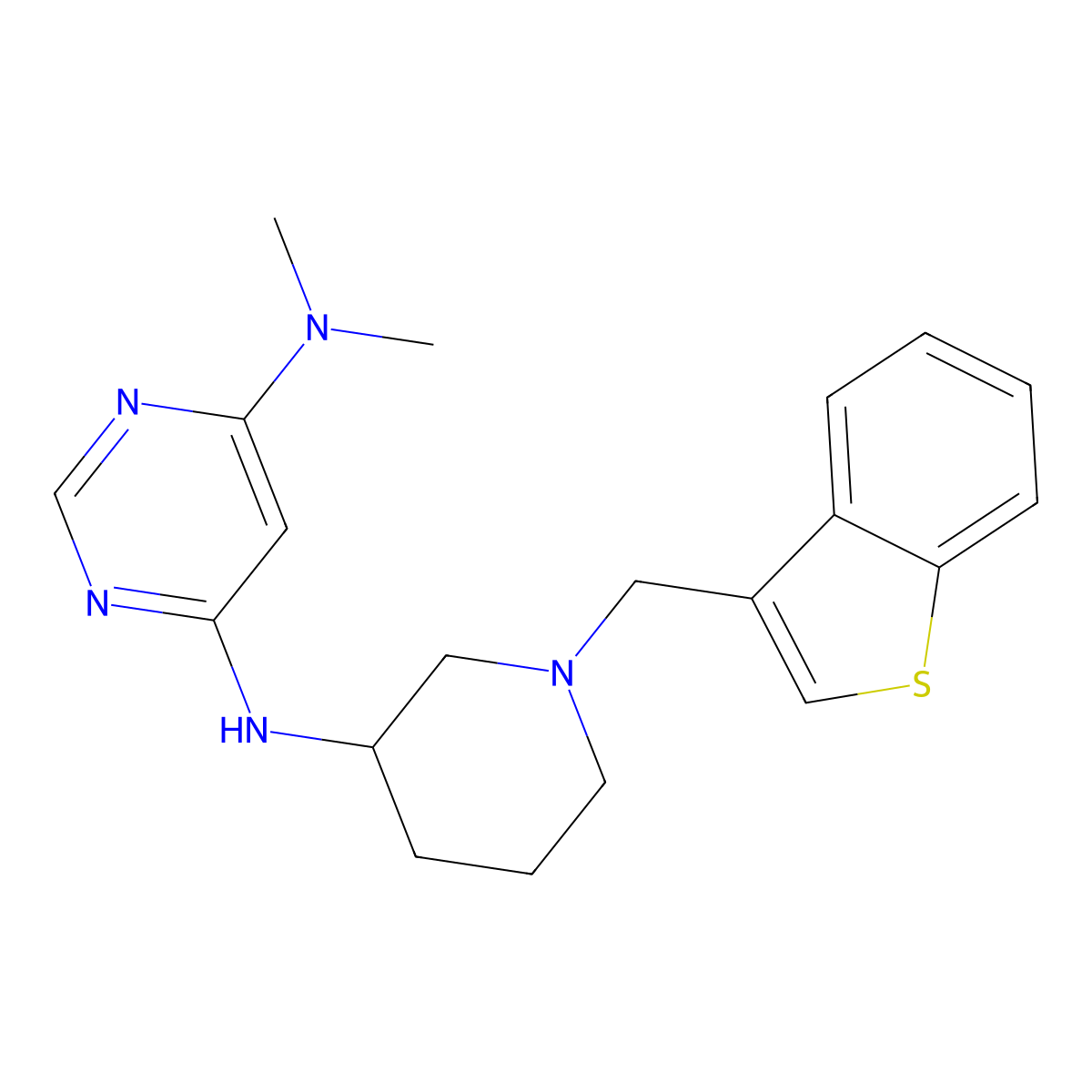 N6-{1-[(1-benzothiophen-3-yl)methyl]piperidin-3-yl}-N4,N4-dimethylpyrimidine-4,6-diamine molecular structure, CAS 3054613-74-7
