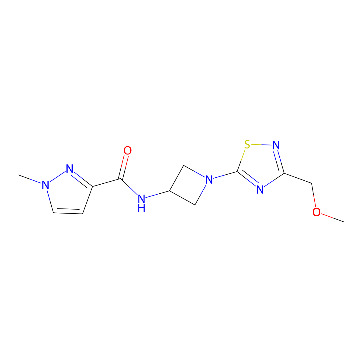 N-{1-[3-(methoxymethyl)-1,2,4-thiadiazol-5-yl]azetidin-3-yl}-1-methyl-1H-pyrazole-3-carboxamide molecular structure, CAS 3054613-86-1