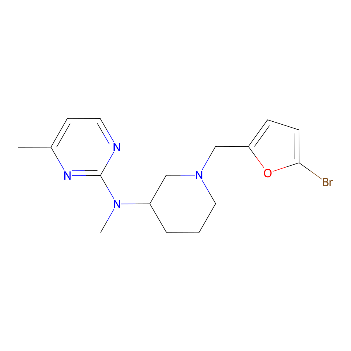 N-{1-[(5-bromofuran-2-yl)methyl]piperidin-3-yl}-N,4-dimethylpyrimidin-2-amine molecular structure, CAS 3054613-91-8