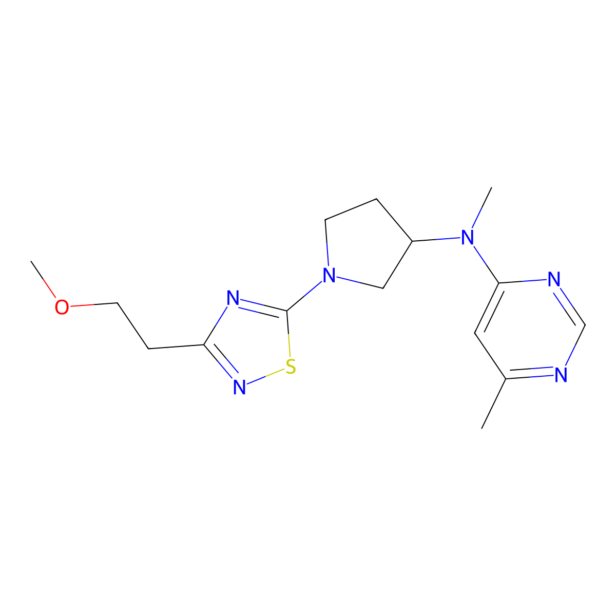 N-{1-[3-(2-methoxyethyl)-1,2,4-thiadiazol-5-yl]pyrrolidin-3-yl}-N,6-dimethylpyrimidin-4-amine molecular structure, CAS 3054613-94-1