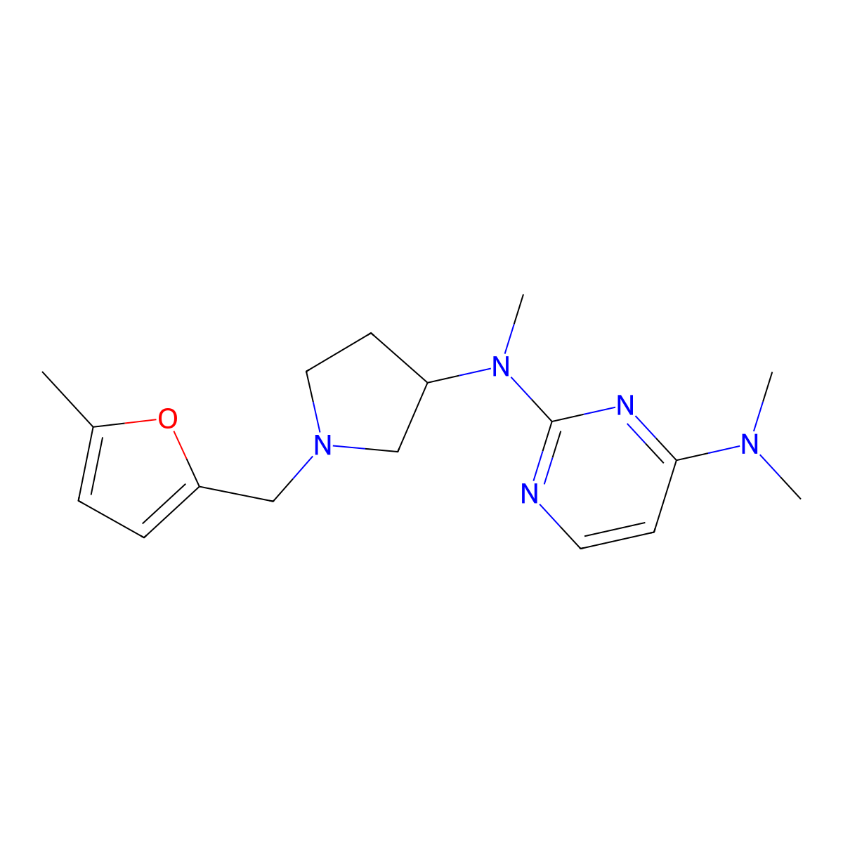 N2,N4,N4-trimethyl-N2-{1-[(5-methylfuran-2-yl)methyl]pyrrolidin-3-yl}pyrimidine-2,4-diamine molecular structure, CAS 3054614-08-0