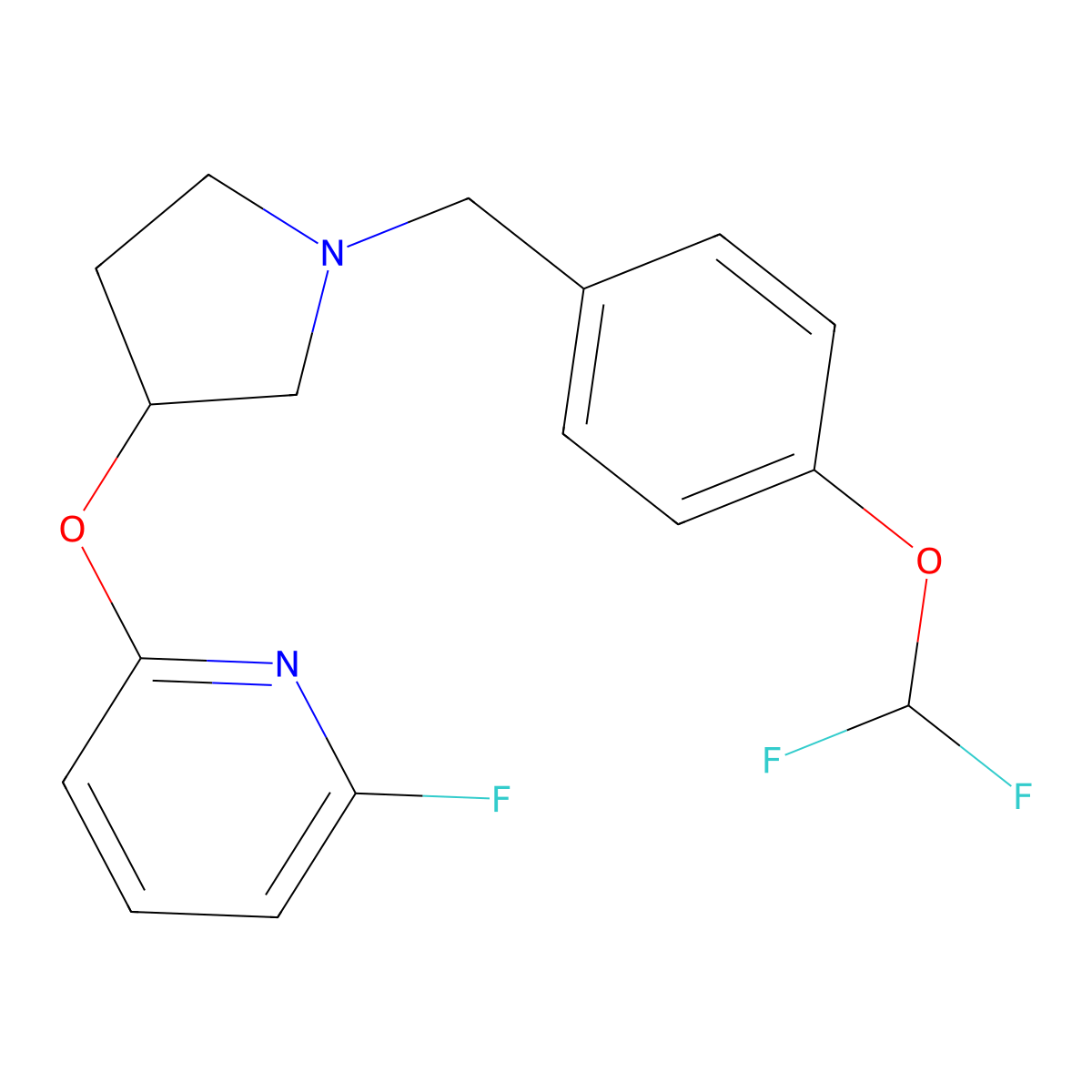 2-[(1-{[4-(Difluoromethoxy)phenyl]methyl}pyrrolidin-3-yl)oxy]-6-fluoropyridine molecular structure, CAS 3054614-09-1