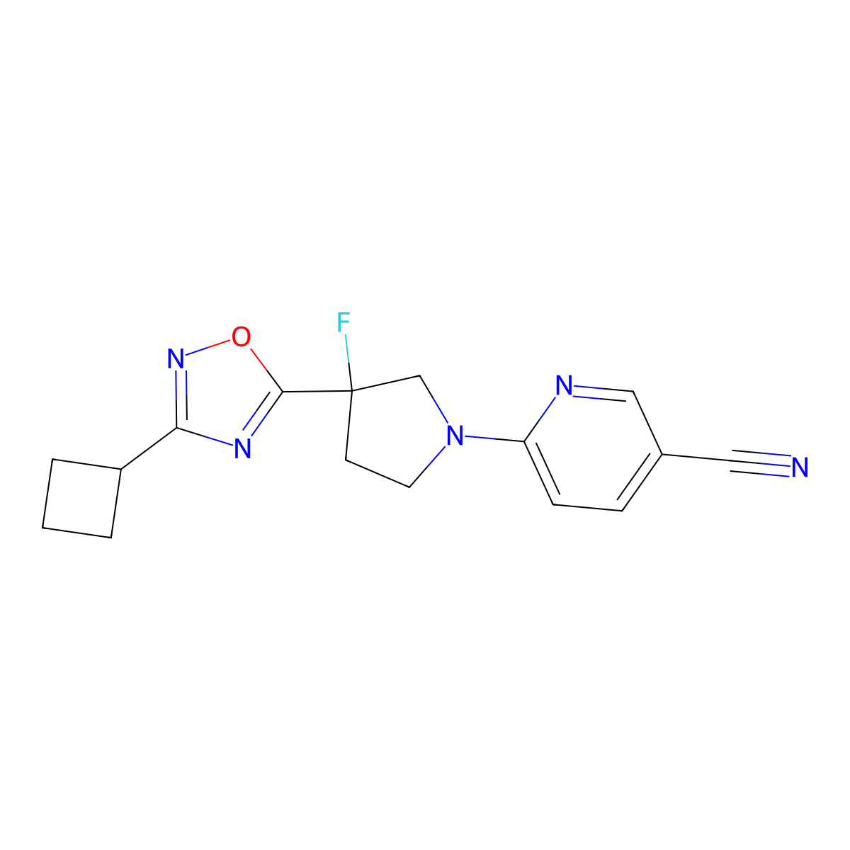 6-[3-(3-Cyclobutyl-1,2,4-oxadiazol-5-yl)-3-fluoropyrrolidin-1-yl]pyridine-3-carbonitrile molecular structure, CAS 3054614-13-7