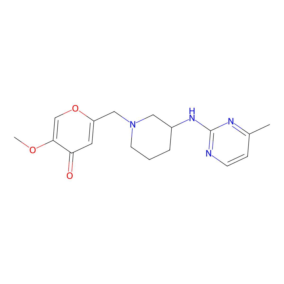 5-methoxy-2-({3-[(4-methylpyrimidin-2-yl)amino]piperidin-1-yl}methyl)-4H-pyran-4-one molecular structure, CAS 3054614-17-1