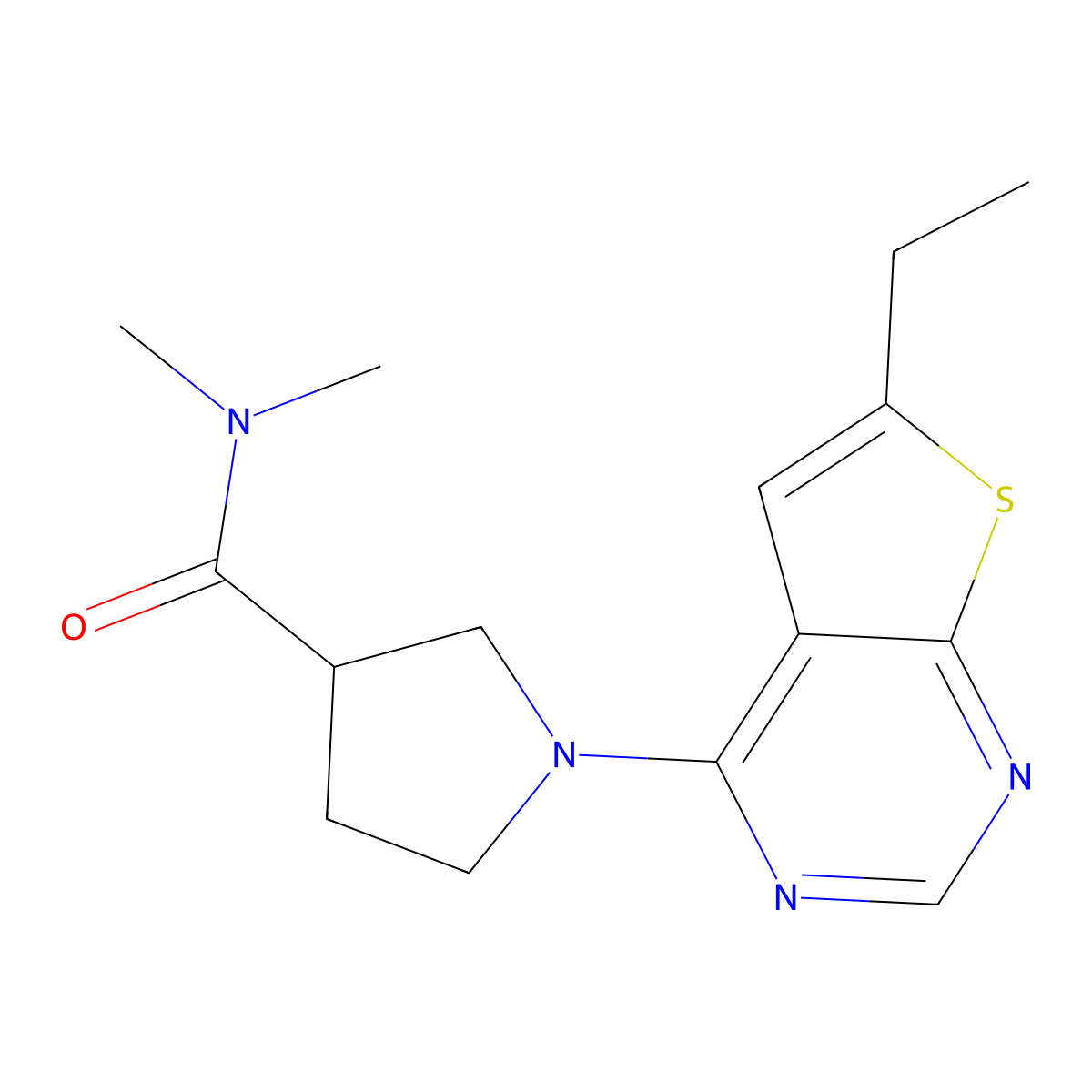 1-{6-ethylthieno[2,3-d]pyrimidin-4-yl}-N,N-dimethylpyrrolidine-3-carboxamide molecular structure, CAS 3054614-19-3