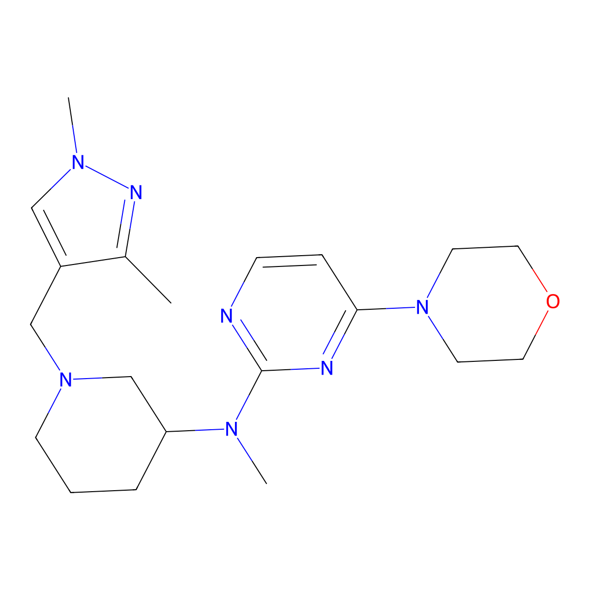 N-{1-[(1,3-dimethyl-1H-pyrazol-4-yl)methyl]piperidin-3-yl}-N-methyl-4-(morpholin-4-yl)pyrimidin-2-amine molecular structure, CAS 3054614-20-6