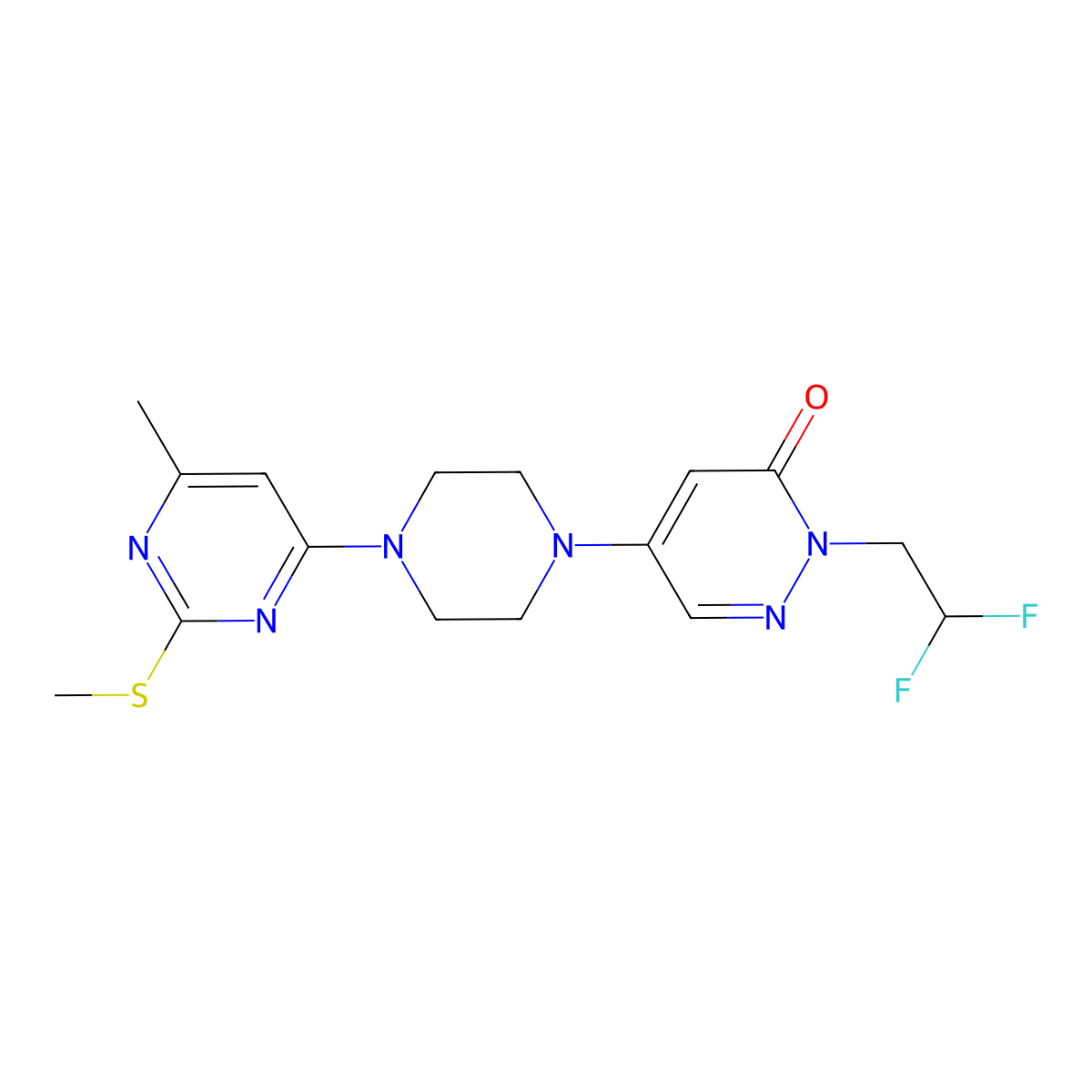 2-(2,2-Difluoroethyl)-5-{4-[6-methyl-2-(methylsulfanyl)pyrimidin-4-yl]piperazin-1-yl}-2,3-dihydropyridazin-3-one molecular structure, CAS 3054614-35-3