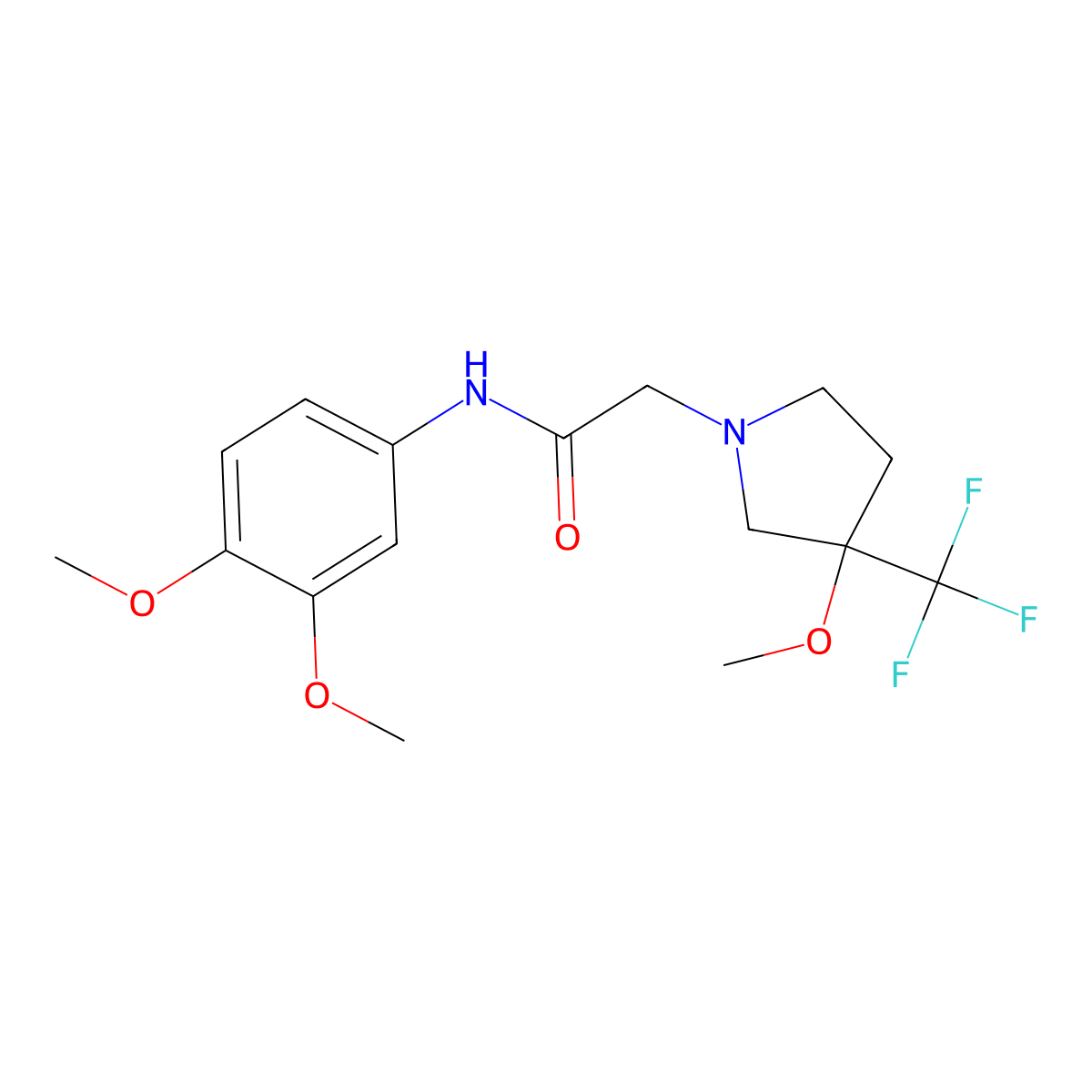 N-(3,4-dimethoxyphenyl)-2-[3-methoxy-3-(trifluoromethyl)pyrrolidin-1-yl]acetamide molecular structure, CAS 3054614-38-6
