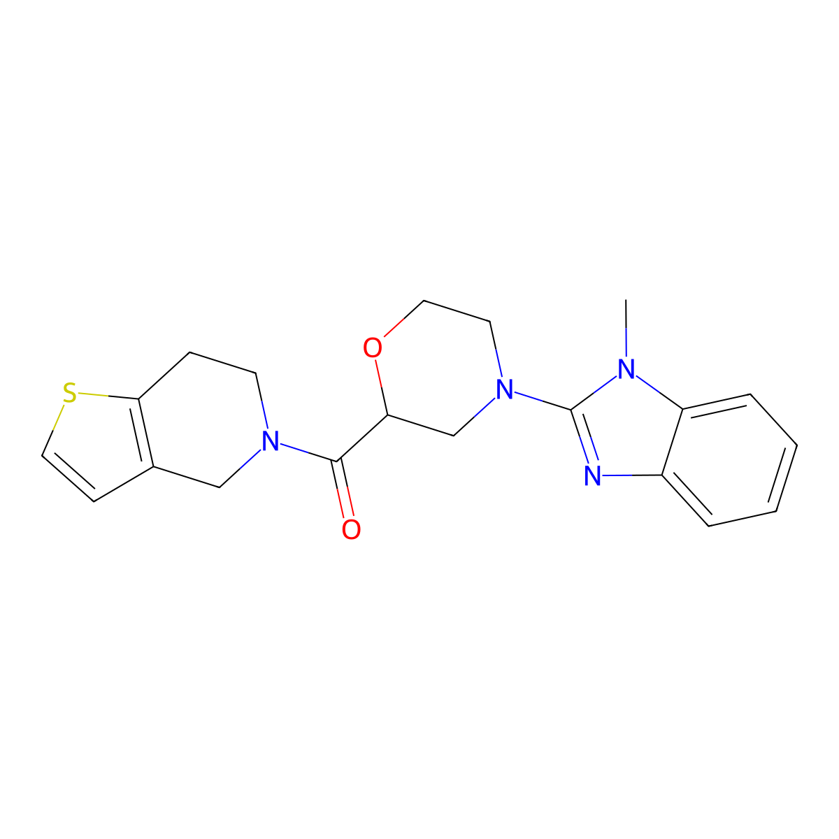 1-methyl-2-(2-{4H,5H,6H,7H-thieno[3,2-c]pyridine-5-carbonyl}morpholin-4-yl)-1H-1,3-benzodiazole molecular structure, CAS 3054614-39-7