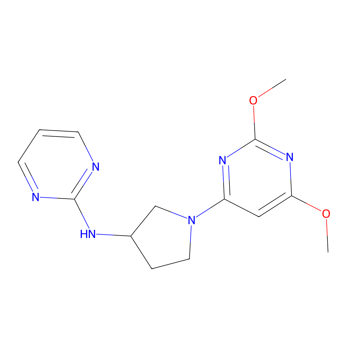 N-[1-(2,6-dimethoxypyrimidin-4-yl)pyrrolidin-3-yl]pyrimidin-2-amine molecular structure, CAS 3054614-40-0