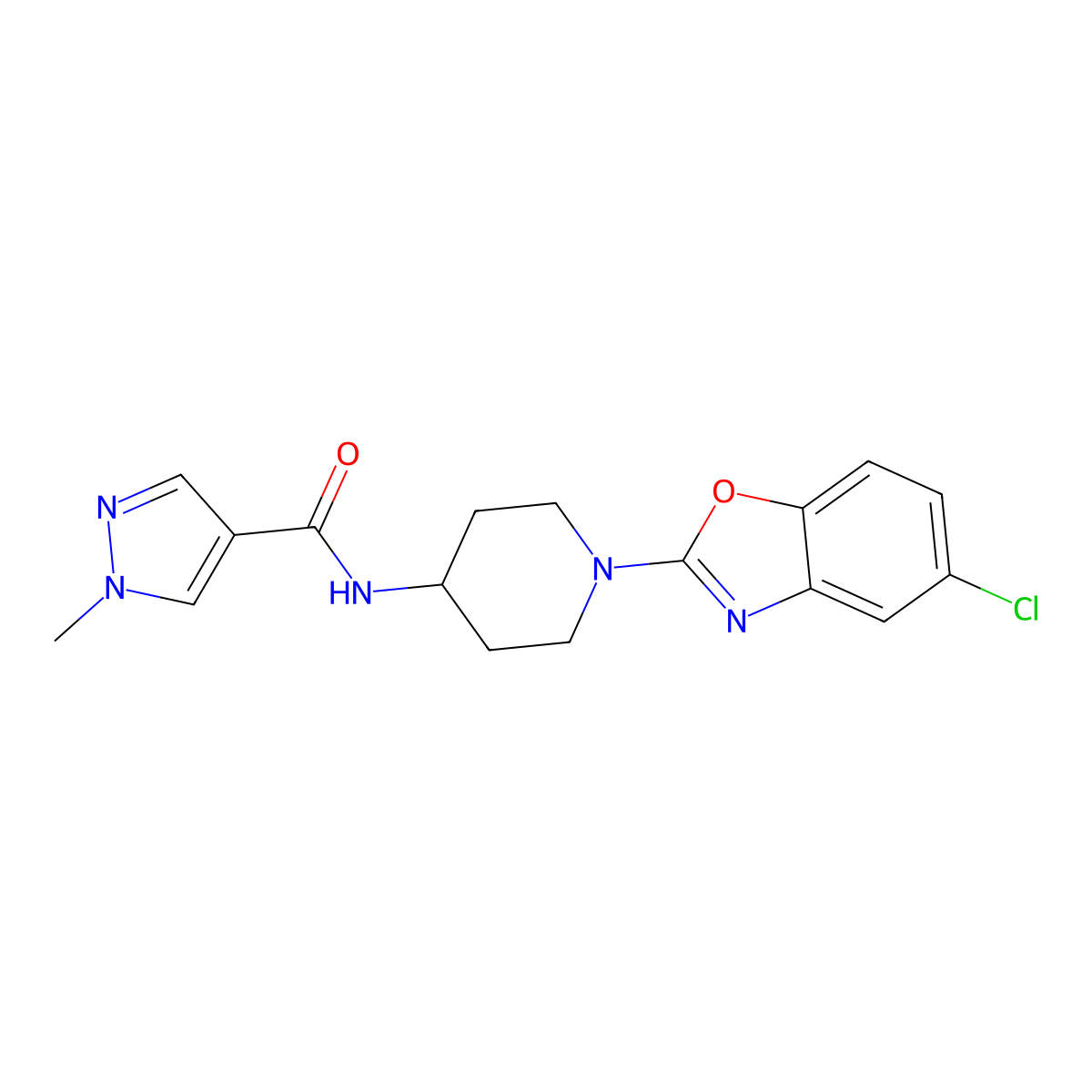 N-[1-(5-chloro-1,3-benzoxazol-2-yl)piperidin-4-yl]-1-methyl-1H-pyrazole-4-carboxamide molecular structure, CAS 3054614-43-3