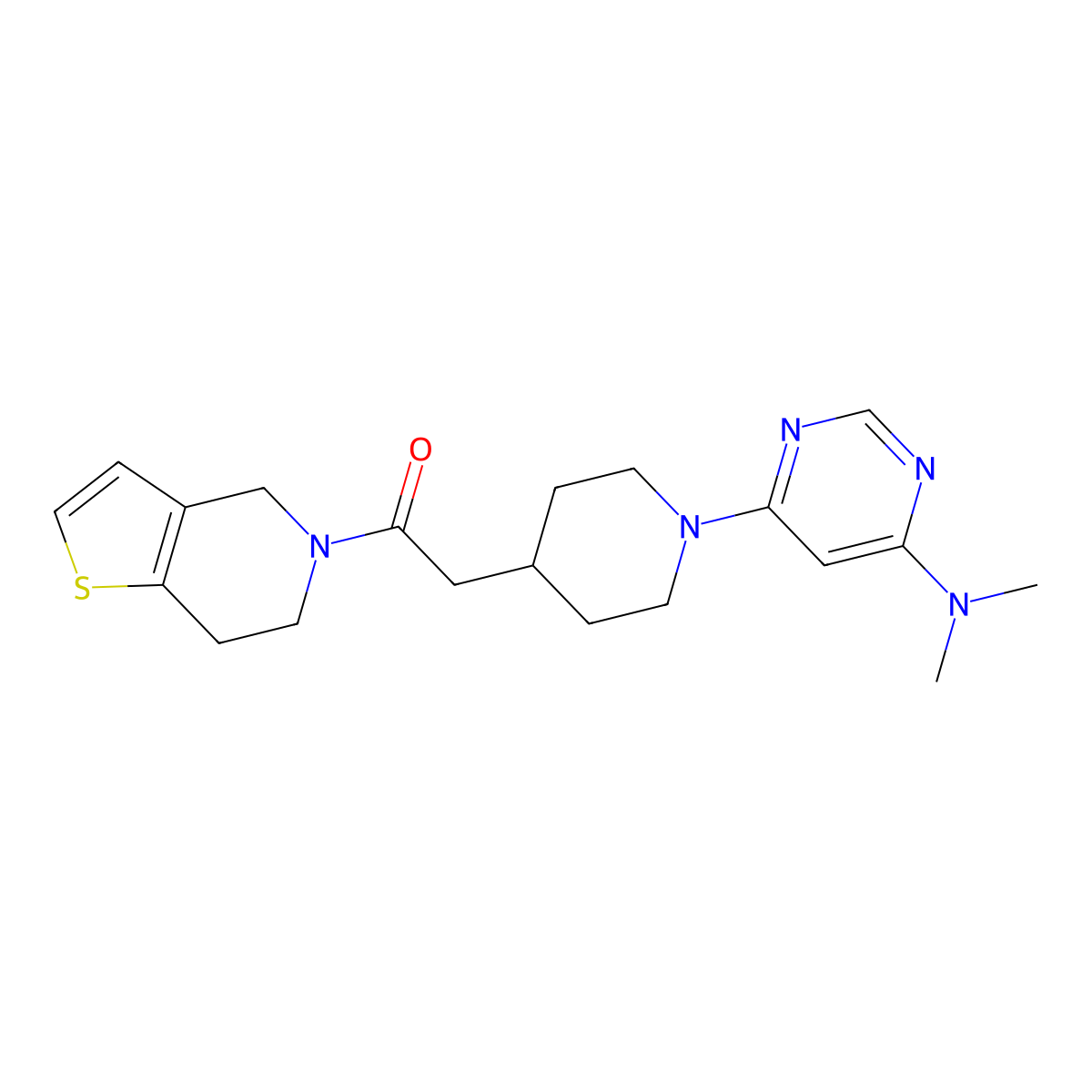 2-{1-[6-(dimethylamino)pyrimidin-4-yl]piperidin-4-yl}-1-{4H,5H,6H,7H-thieno[3,2-c]pyridin-5-yl}ethan-1-one molecular structure, CAS 3054614-45-5