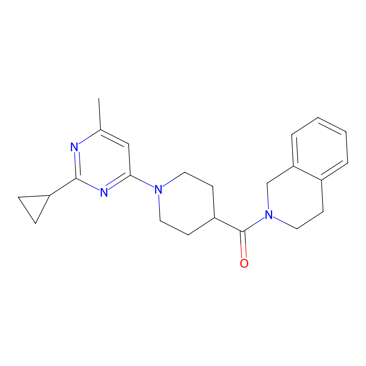 2-[1-(2-Cyclopropyl-6-methylpyrimidin-4-yl)piperidine-4-carbonyl]-1,2,3,4-tetrahydroisoquinoline molecular structure, CAS 3054614-50-2