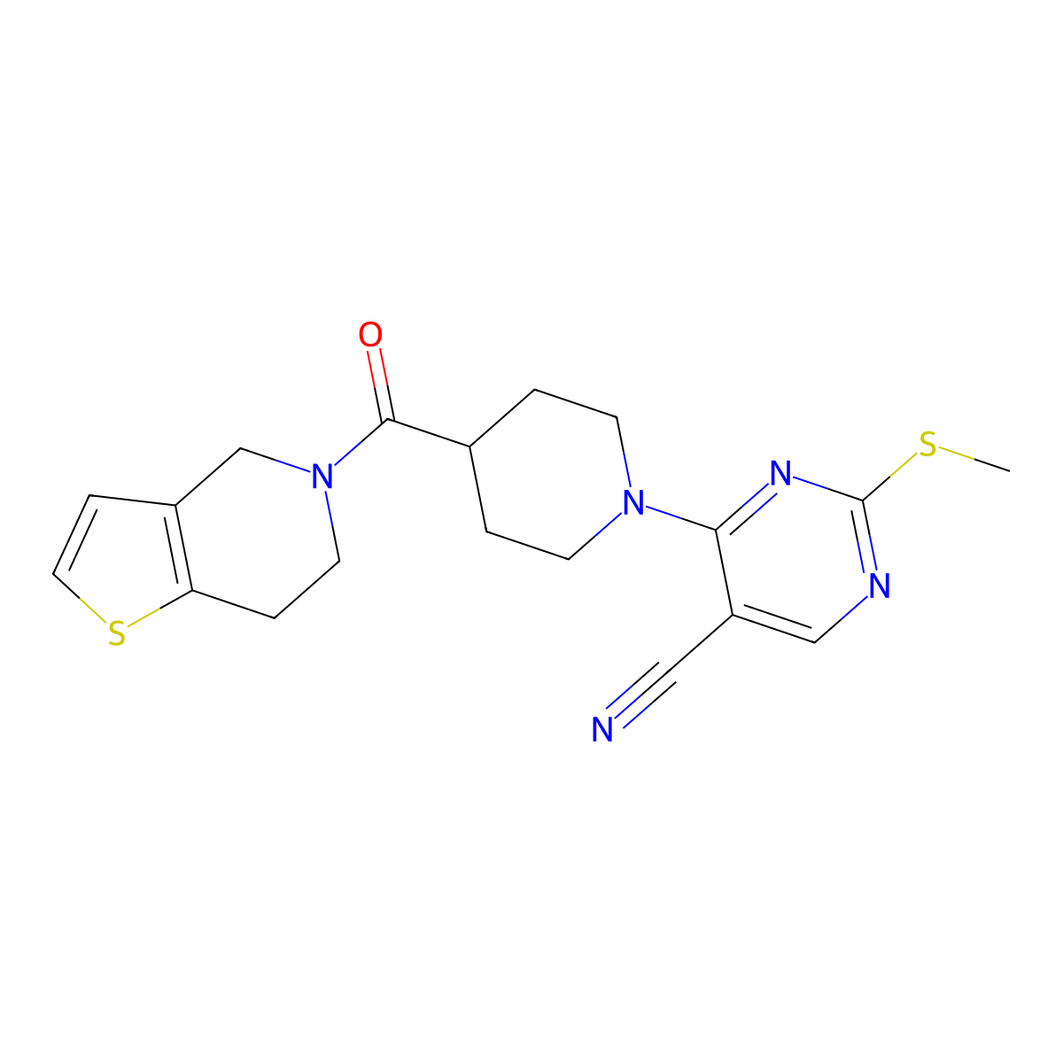 2-(methylsulfanyl)-4-(4-{4H,5H,6H,7H-thieno[3,2-c]pyridine-5-carbonyl}piperidin-1-yl)pyrimidine-5-carbonitrile molecular structure, CAS 3054614-51-3