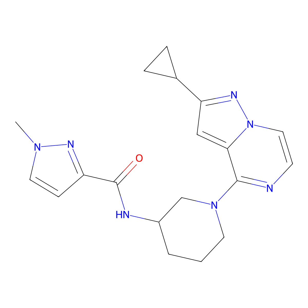 N-(1-{2-cyclopropylpyrazolo[1,5-a]pyrazin-4-yl}piperidin-3-yl)-1-methyl-1H-pyrazole-3-carboxamide molecular structure, CAS 3054614-53-5