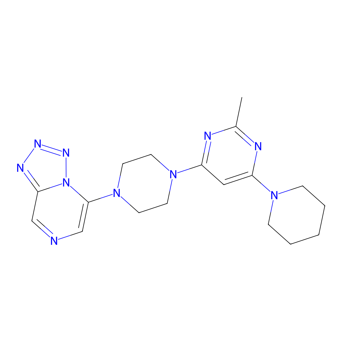 2-Methyl-4-(piperidin-1-yl)-6-(4-{[1,2,3,4]tetrazolo[1,5-a]pyrazin-5-yl}piperazin-1-yl)pyrimidine molecular structure, CAS 3054614-55-7