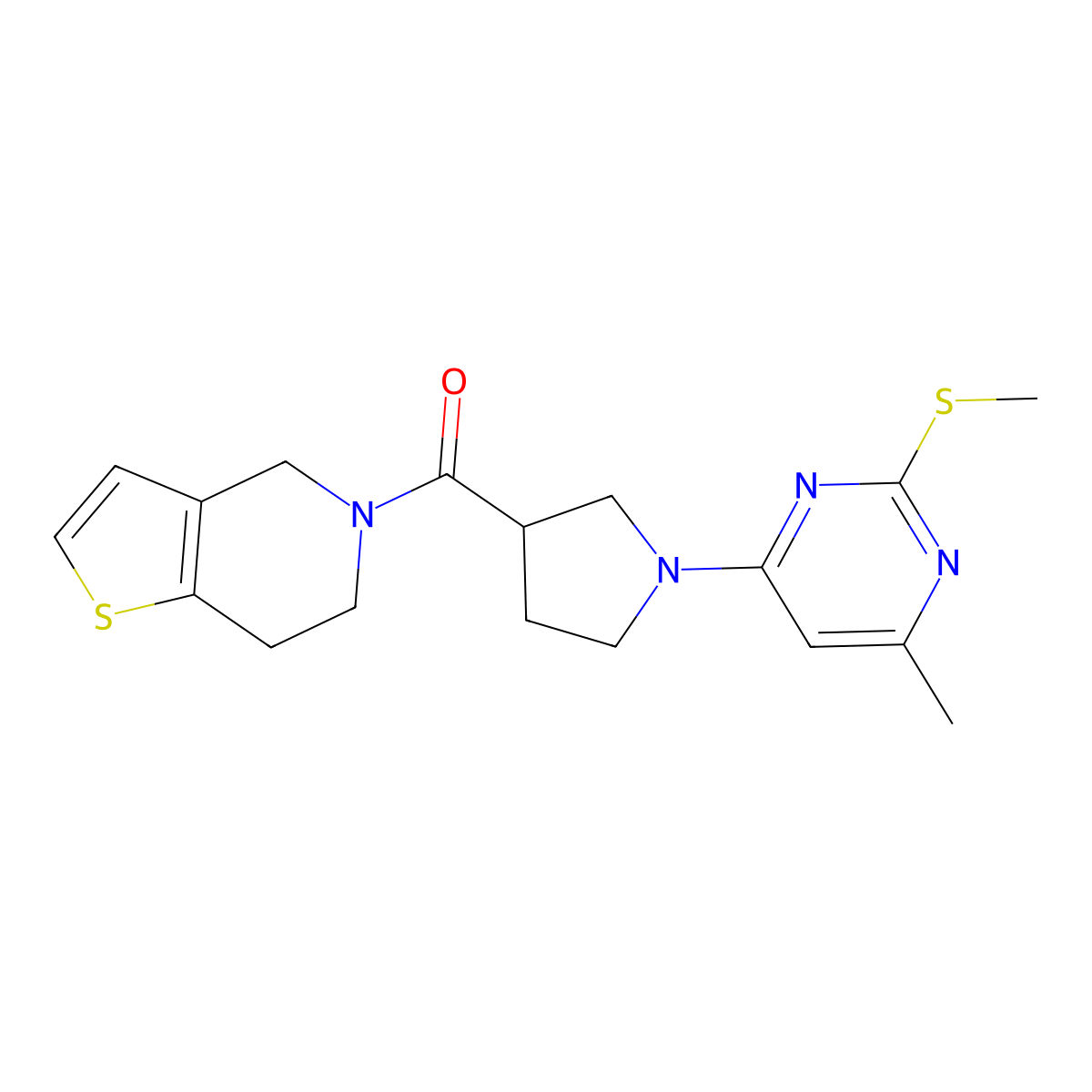 4-methyl-2-(methylsulfanyl)-6-(3-{4H,5H,6H,7H-thieno[3,2-c]pyridine-5-carbonyl}pyrrolidin-1-yl)pyrimidine molecular structure, CAS 3054614-58-0