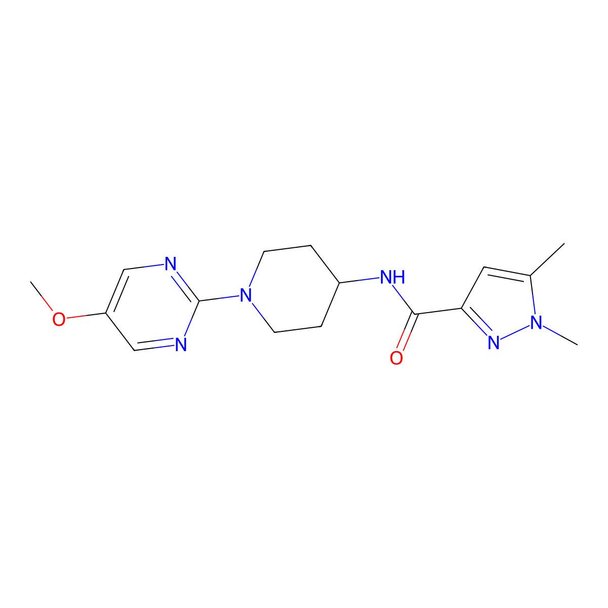 N-[1-(5-methoxypyrimidin-2-yl)piperidin-4-yl]-1,5-dimethyl-1H-pyrazole-3-carboxamide molecular structure, CAS 3054614-59-1