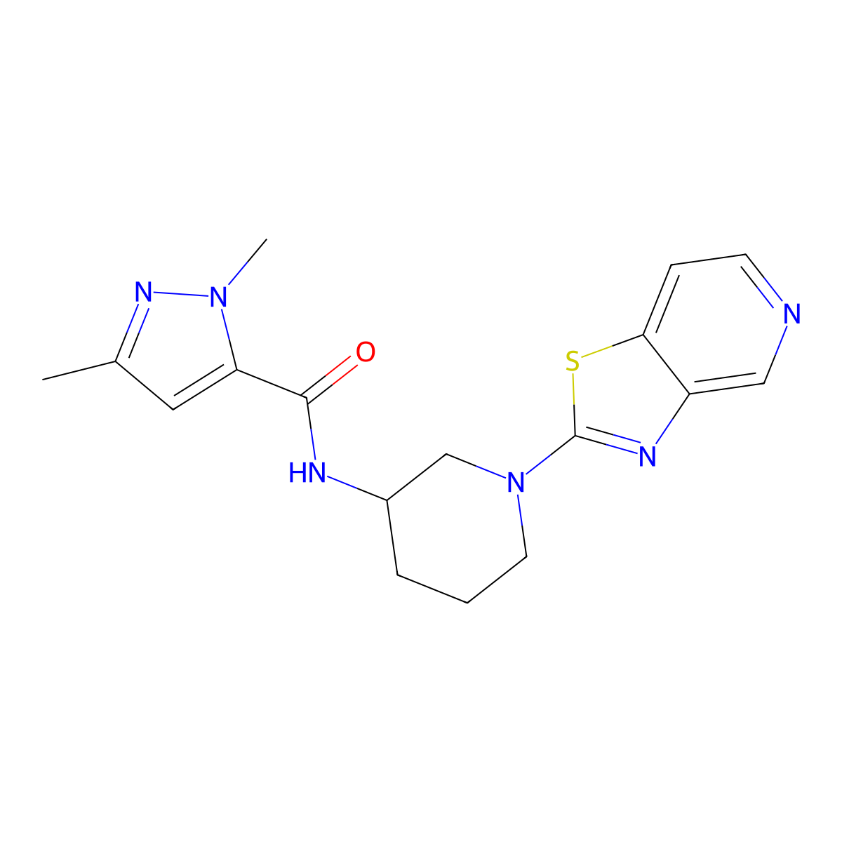 1,3-dimethyl-N-(1-{[1,3]thiazolo[4,5-c]pyridin-2-yl}piperidin-3-yl)-1H-pyrazole-5-carboxamide molecular structure, CAS 3054614-63-7