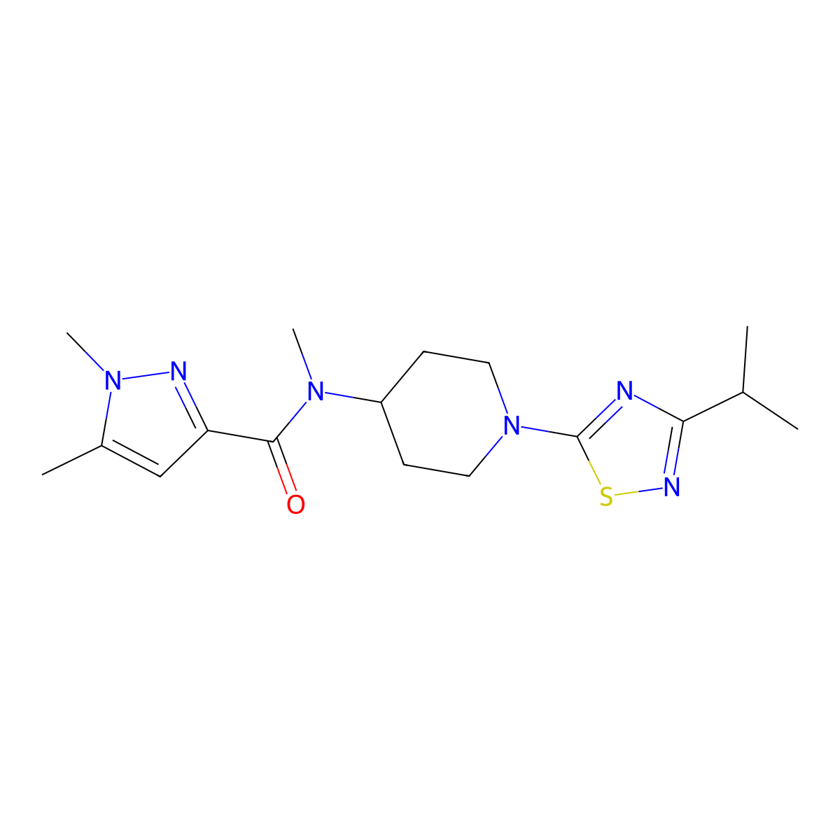 N,1,5-trimethyl-N-{1-[3-(propan-2-yl)-1,2,4-thiadiazol-5-yl]piperidin-4-yl}-1H-pyrazole-3-carboxamide molecular structure, CAS 3054614-70-6