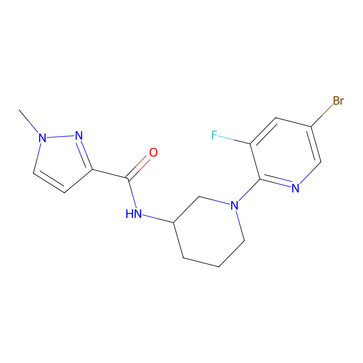 N-[1-(5-bromo-3-fluoropyridin-2-yl)piperidin-3-yl]-1-methyl-1H-pyrazole-3-carboxamide molecular structure, CAS 3054614-74-0
