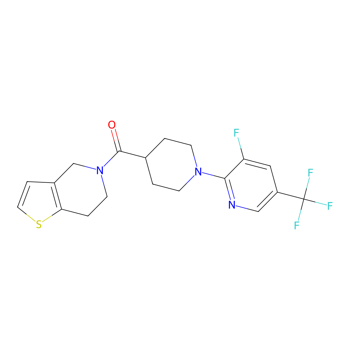 3-fluoro-2-(4-{4H,5H,6H,7H-thieno[3,2-c]pyridine-5-carbonyl}piperidin-1-yl)-5-(trifluoromethyl)pyridine molecular structure, CAS 3054614-82-0