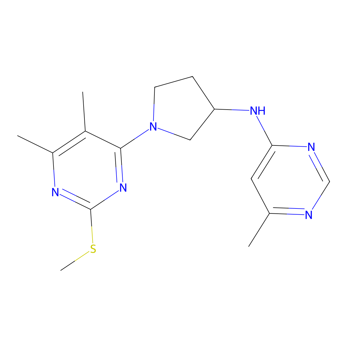 N-{1-[5,6-dimethyl-2-(methylsulfanyl)pyrimidin-4-yl]pyrrolidin-3-yl}-6-methylpyrimidin-4-amine molecular structure, CAS 3054614-84-2