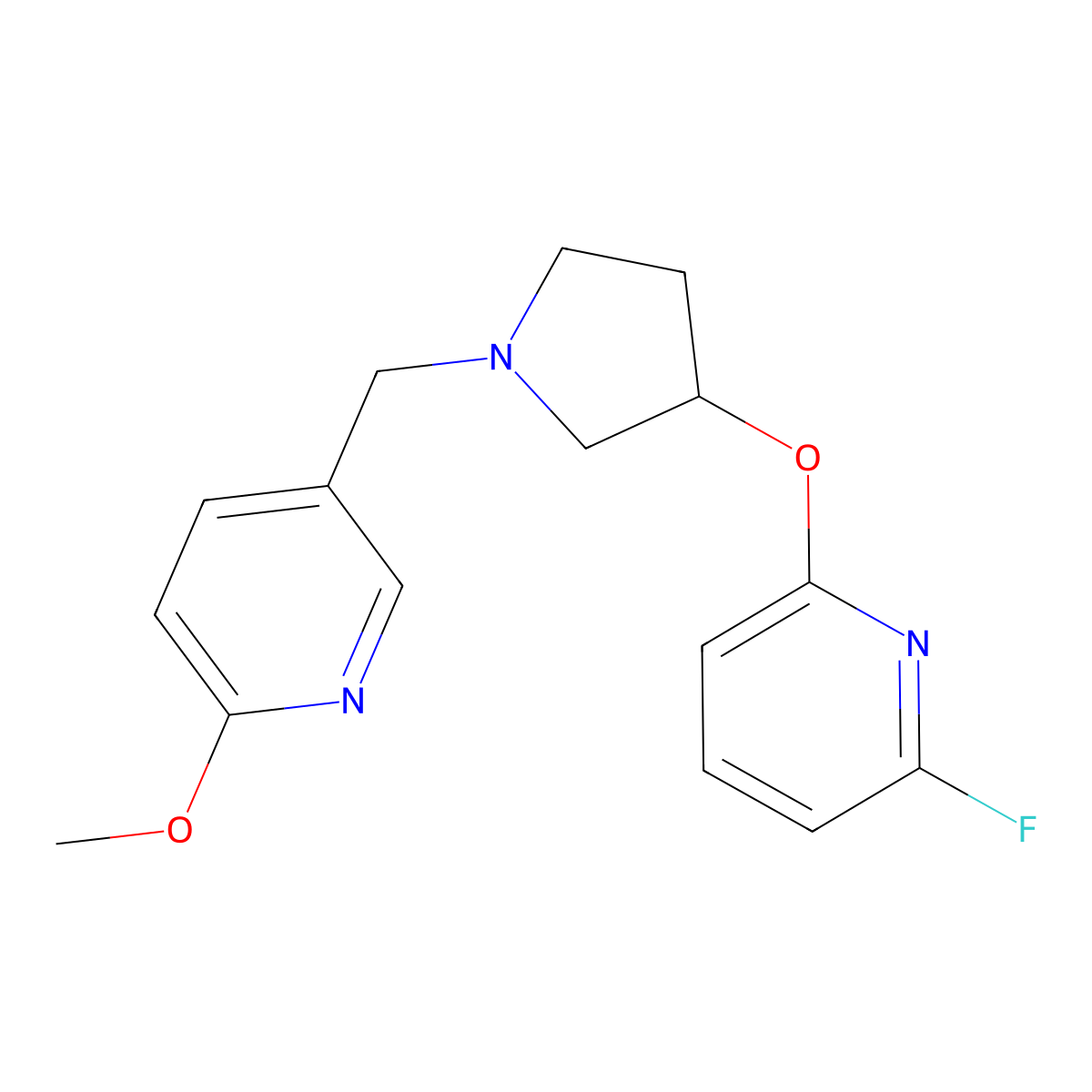2-Fluoro-6-({1-[(6-methoxypyridin-3-yl)methyl]pyrrolidin-3-yl}oxy)pyridine molecular structure, CAS 3054614-85-3