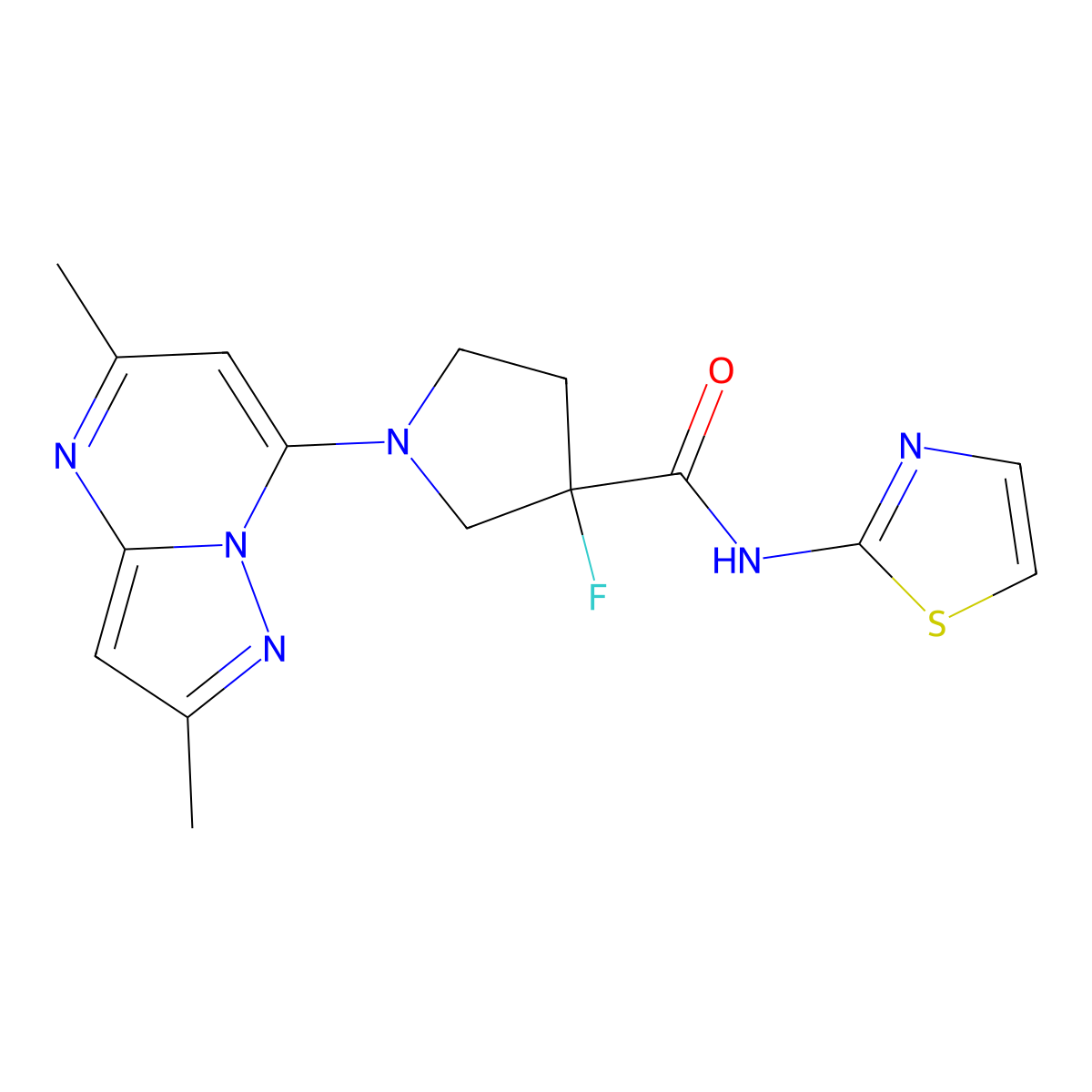 1-{2,5-dimethylpyrazolo[1,5-a]pyrimidin-7-yl}-3-fluoro-N-(1,3-thiazol-2-yl)pyrrolidine-3-carboxamide molecular structure, CAS 3054614-97-7