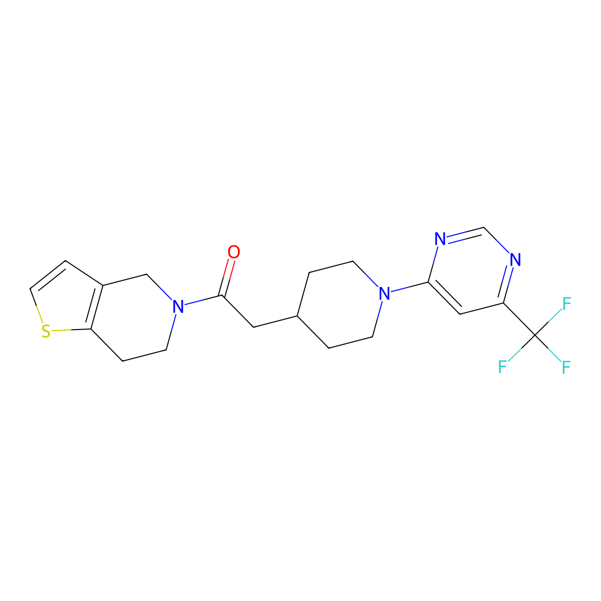 1-{4H,5H,6H,7H-thieno[3,2-c]pyridin-5-yl}-2-{1-[6-(trifluoromethyl)pyrimidin-4-yl]piperidin-4-yl}ethan-1-one molecular structure, CAS 3054615-02-7