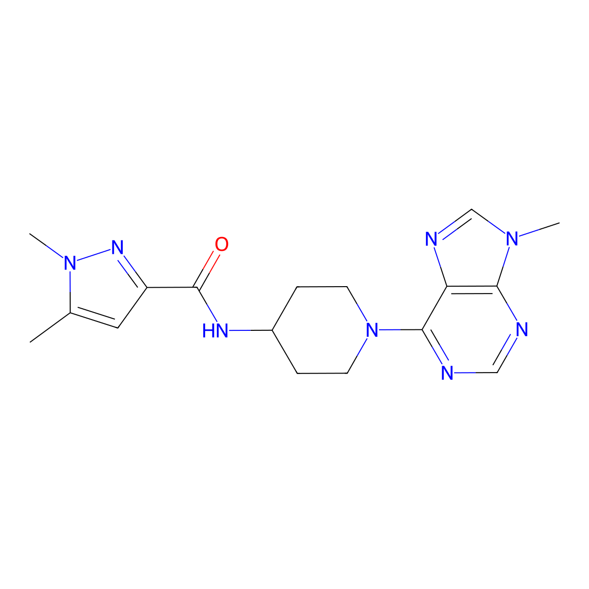 1,5-dimethyl-N-[1-(9-methyl-9H-purin-6-yl)piperidin-4-yl]-1H-pyrazole-3-carboxamide molecular structure, CAS 3054615-03-8