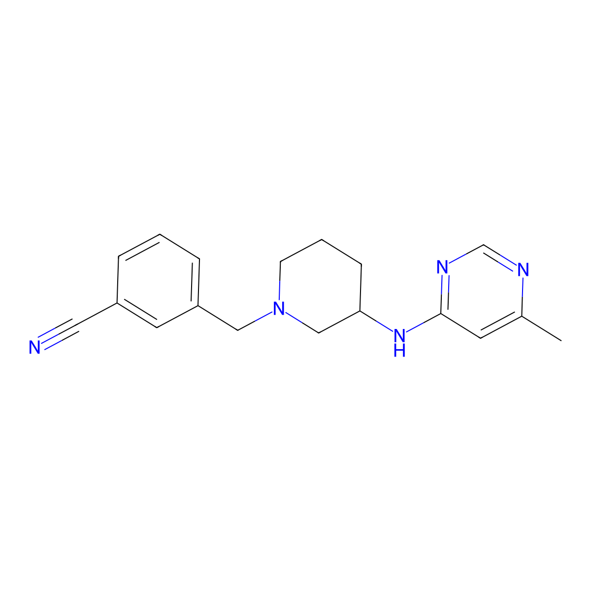 3-({3-[(6-Methylpyrimidin-4-yl)amino]piperidin-1-yl}methyl)benzonitrile molecular structure, CAS 3054615-08-3