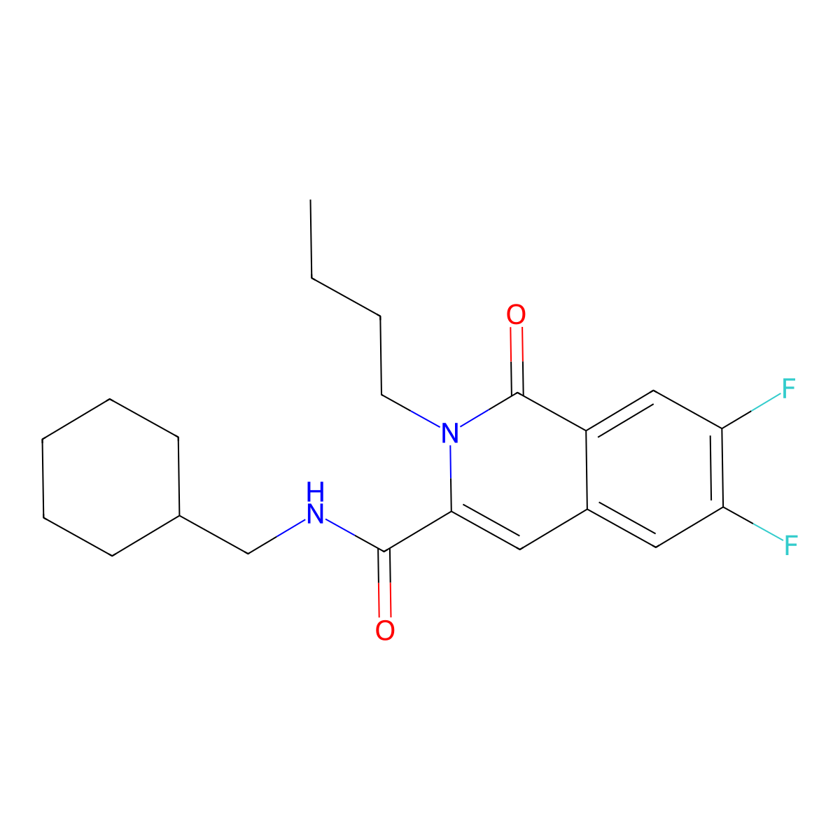 2-butyl-N-(cyclohexylmethyl)-6,7-difluoro-1-oxo-1,2-dihydroisoquinoline-3-carboxamide molecular structure, CAS 3054615-17-4