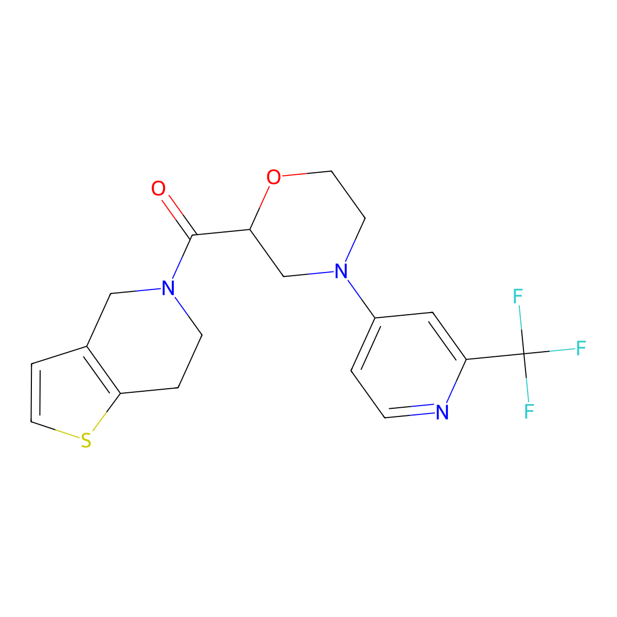 2-{4H,5H,6H,7H-thieno[3,2-c]pyridine-5-carbonyl}-4-[2-(trifluoromethyl)pyridin-4-yl]morpholine molecular structure, CAS 3054615-23-2
