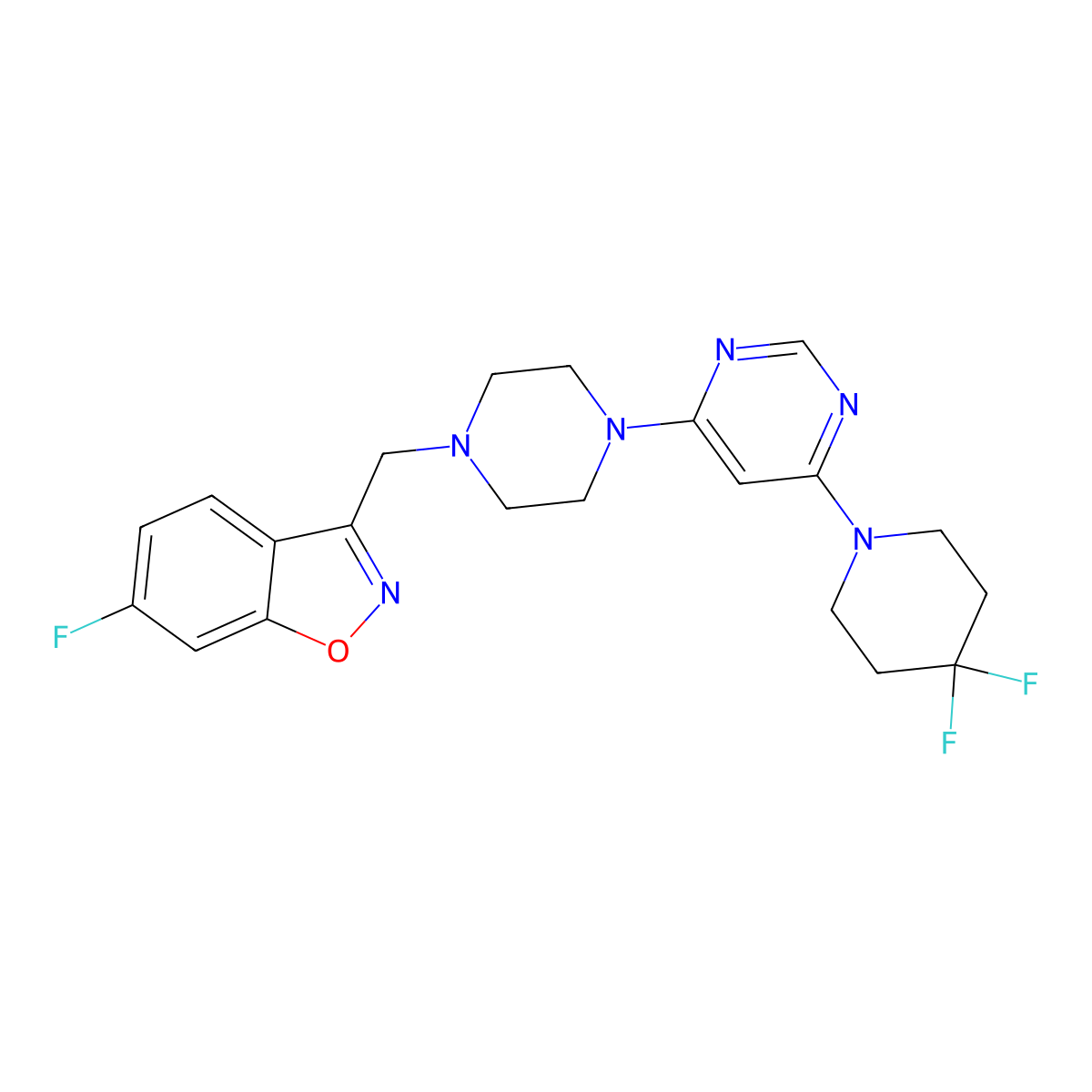 3-({4-[6-(4,4-Difluoropiperidin-1-yl)pyrimidin-4-yl]piperazin-1-yl}methyl)-6-fluoro-1,2-benzoxazole molecular structure, CAS 3054615-27-6