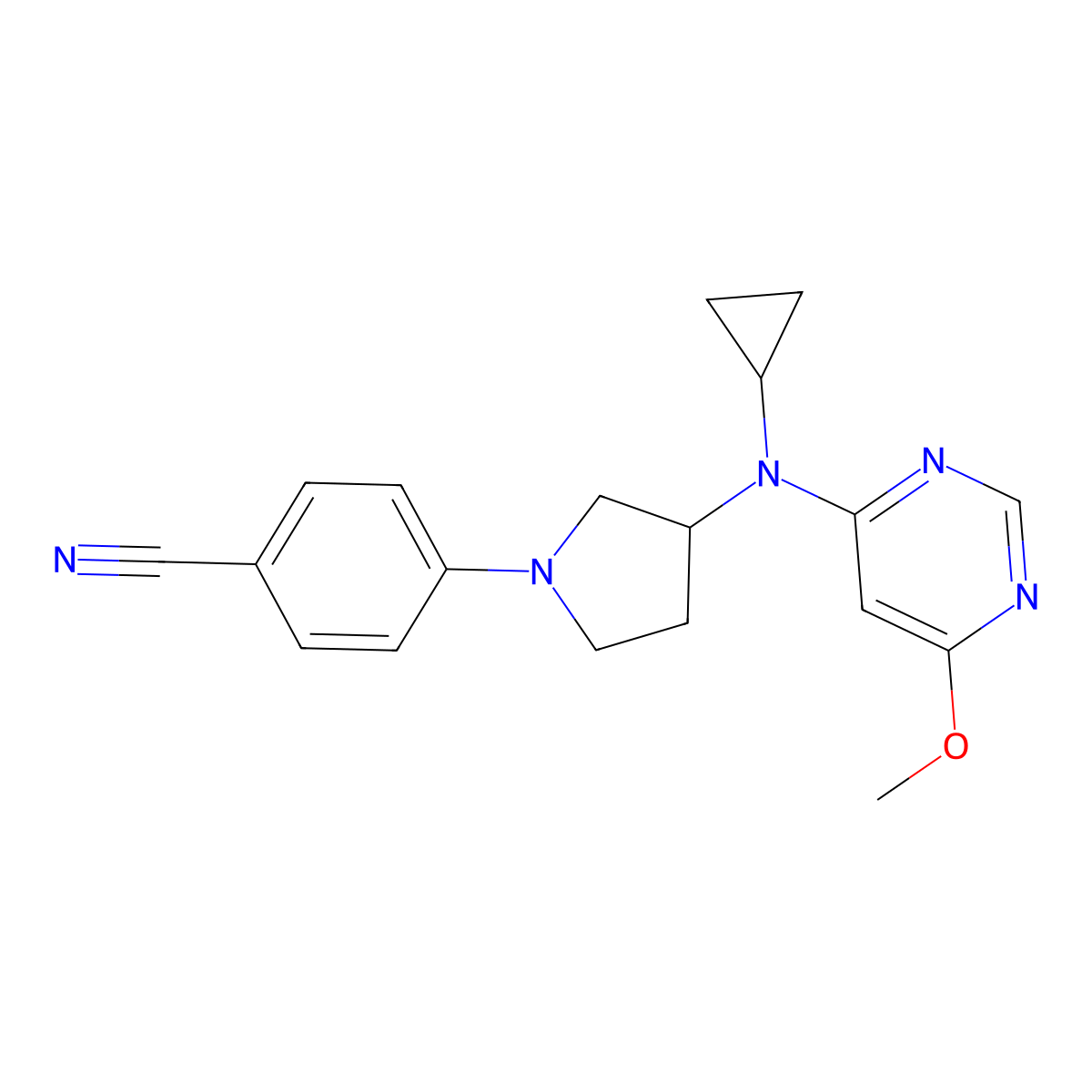 4-{3-[Cyclopropyl(6-methoxypyrimidin-4-yl)amino]pyrrolidin-1-yl}benzonitrile molecular structure, CAS 3054615-29-8