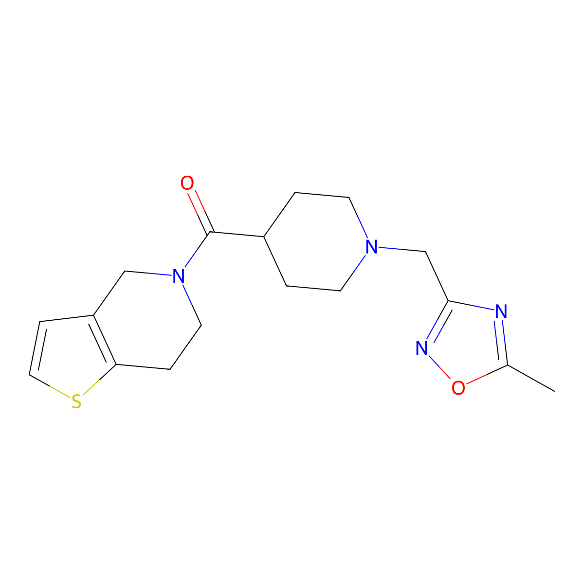 1-[(5-methyl-1,2,4-oxadiazol-3-yl)methyl]-4-{4H,5H,6H,7H-thieno[3,2-c]pyridine-5-carbonyl}piperidine molecular structure, CAS 3054615-36-7